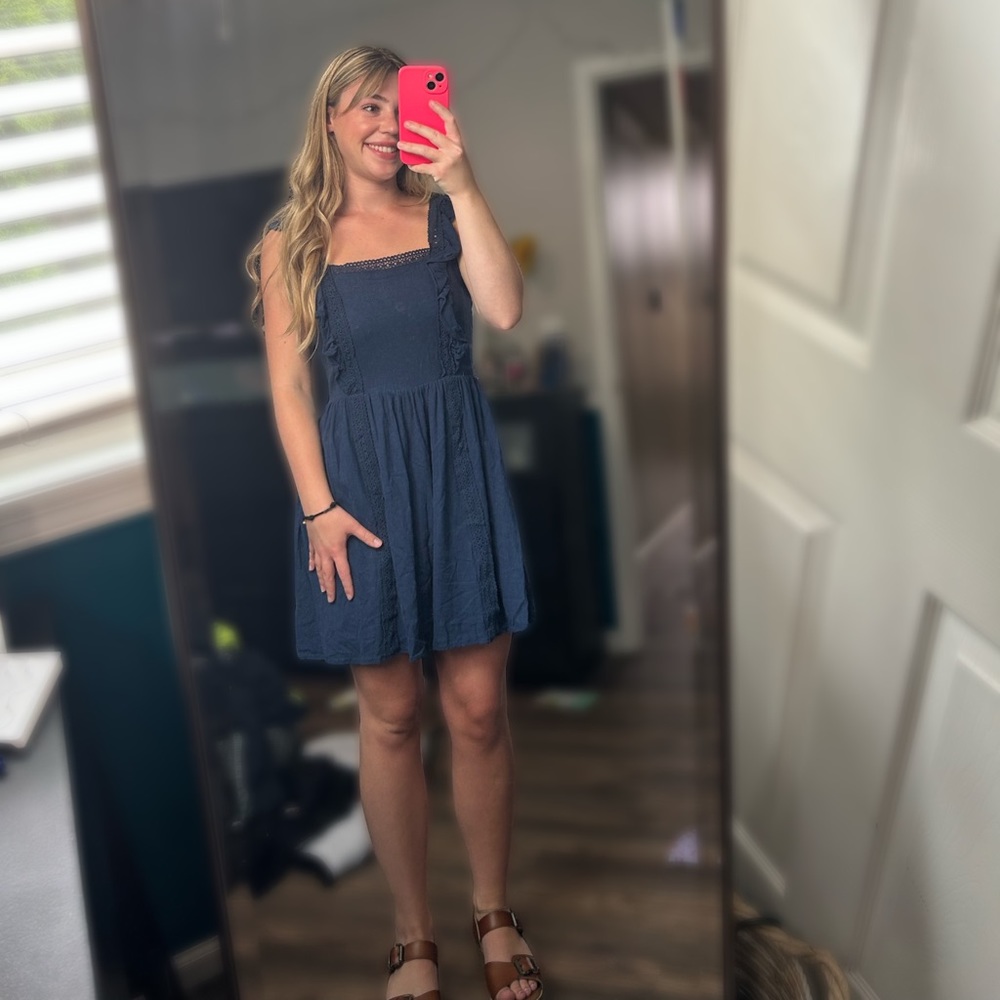 Medium Blue, lace detail strap dress.